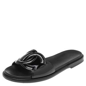 Pre Owned Chanel Black Patent Leather CC Flat Slides Size 38.5