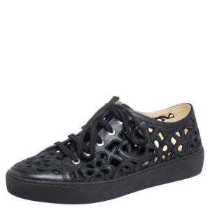  Chanel Black Floral Cutout Leather CC Low Top Sneakers Size 40