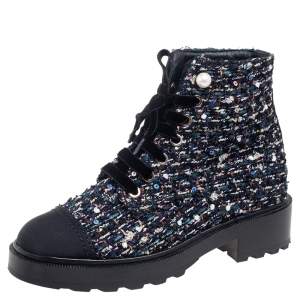 Chanel Multicolor Tweed Fabric  And Canvas Ankle Boots Size 36