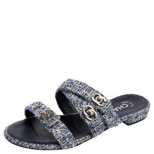 مملوكة مسبقًا Chanel Blue/White Tweed Strappy Turnlock Flat Slides Size 36.5