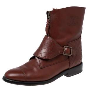 Chanel Brown CC Leather English Countryside Quilted Strap Ankle Boots Size 41.5