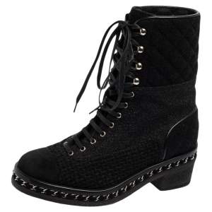 Chanel Black Quilted Wool, Lurex and Tweed CC Chain-Link Ankle Boots Size 37