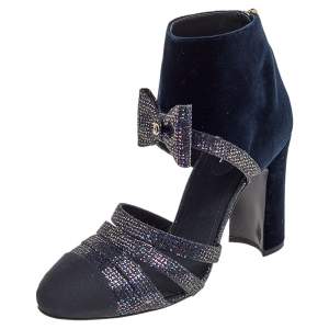 Chanel Navy Blue Velvet, Glitter, and Fabric CC Bow Booties Size 39