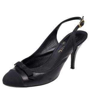 Chanel Black Leather And Fabric Cap Toe CC Bow Slingback Sandals Size 37.5