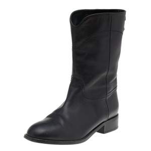 Chanel Black Leather CC Mid Calf Boots Size 38.5