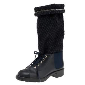 Chanel Black Tweed and Leather Mid Calf Boots Size 38.5