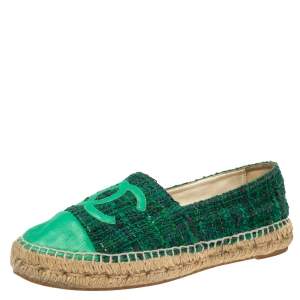 Pre Owned Chanel Green Tweed Fabric And Leather CC Cap Toe Flat Espadrilles Size 39