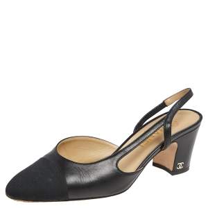 مملوكة مسبقًا Chanel Black Leather And Canvas Cap Toe CC Heel Slingback Sandals Size 38