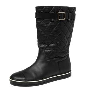 Chanel Black Textured Quilted Leather Buckle Embellished Mid Calf Boots Size 37