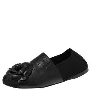 Pre Owned Chanel Black Leather, Fabric and Elastic Camellia Flats Size 37