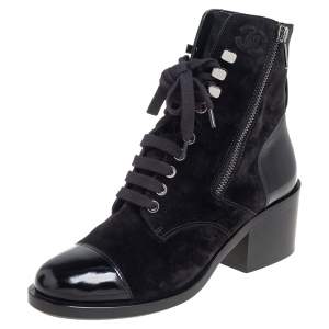 Chanel Black Suede And Leather Combat Lace Up Boots Size 38