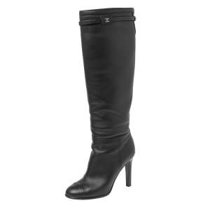 Chanel Black Leather CC Knee High Slip On Boots Size 37