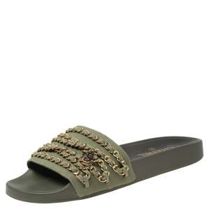 Chanel Khaki Green Fabric Tropiconic Chain Detail Flat Slide Sandals Size 41