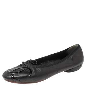 Pre Owned Chanel Black Quilted Leather And Patent CC Ligne Cambon Ballet Flats Size 40