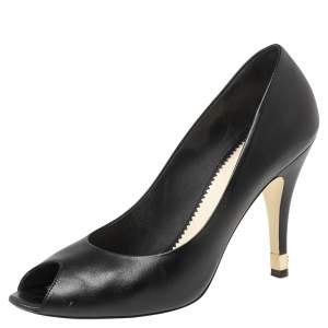 Pre Owned Chanel Black Leather CC Peep Toe Pumps Size 39