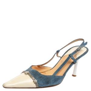 Pre Owned Chanel Blue/Cream Denim And Leather Crystal Embellished Pointed Toe Slingback Sandals Size 38