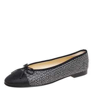 Pre Owned Chanel Black Textured Leather and Karung Leather CC Cap Toe Bow Ballet Flats Size 40.5 