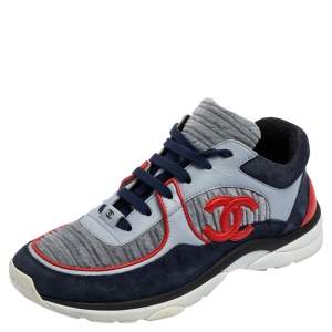 Pre Owned Chanel Tri-Color Suede, Leather And Wool CC Logo Low-Top Sneakers Size 40.5