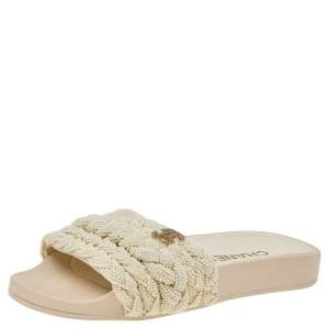 Pre Owned Chanel White Pearl CC Flat Slides Size 36