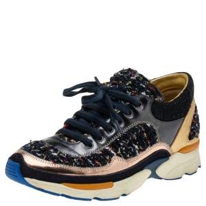 Pre Owned Chanel Multicolor Tweed And Leather Low Top Sneakers Size 36