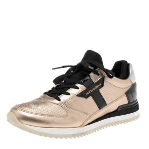 Pre Owned Dolce & Gabbana  Black/Gold Leather and Fabric Lace Up Sneakers Size 36
