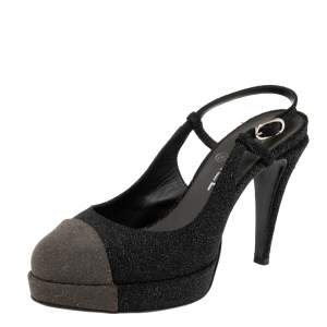 Chanel Black/Grey Glitter Cap Toe Slingback Platform Sandals Size 38