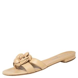 Chanel Beige Leather Camellia Flat Slides Size 37