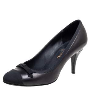 Chanel Black Leather And Grosgrain Bow CC Cap Toe Pumps Size 38.5