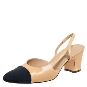 مملوكة مسبقًا Chanel Beige/Black Leather And Canvas CC Cap Toe Slingback Pumps Size 38
