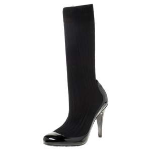 Chanel Black Patent Leather and Fabric Sock Boots Size 38.5 