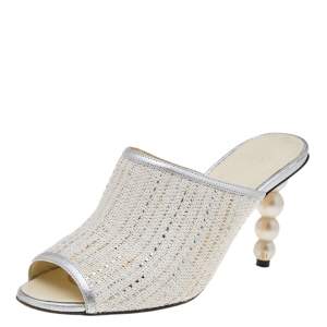 Chanel White/Silver Tweed And Leather CC Pearl Heel Slide Sandals Size 38