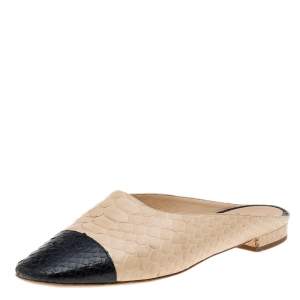 Chanel Beige/Black Python Leather CC Cap Toe Mules Sandals Size 41