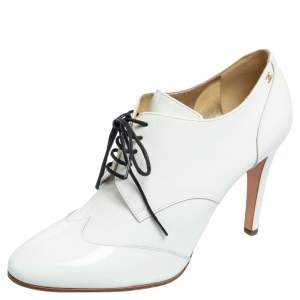 Chanel White Patent Leather CC Lace Up Booties Size 39.5 