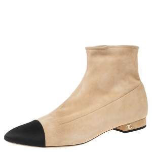 Chanel Beige/Black Suede and Satin Cap-Toe Ankle Boots Size 39.5