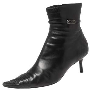 Chanel Black Leather and Quilted CC Pointed-Toe Ankle Boots Size 40