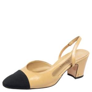 مملوكة مسبقًا Chanel Beige/Black Leather And Canvas CC Cap Toe Slingback Pumps Size 36