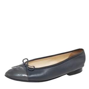 Chanel Grey Leather and Patent CC Cap Toe Bow Ballet Flats Size 38.5