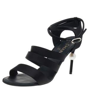 Pre Owned Chanel Black Satin Pearl Heel Interlocking CC Ankle Strap Sandals Size 39.5