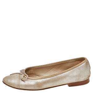 Chanel Metallic Gold Leather CC Cap Toe Bow Ballet Flats Size 37
