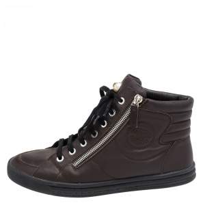 Pre Owned Chanel Dark Brown Leather Double Zip CC High Top Sneakers Size 39