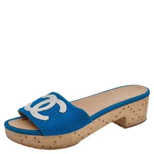 Chanel Blue/White Mesh And Leather CC Logo Platform Slide Wooden Sandals Size 39