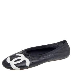 Pre Owned Chanel Black Quilted Leather CC Bow Flats Size 42