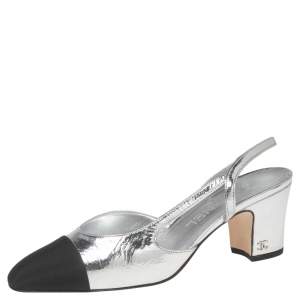 مملوكة مسبقًا Chanel Silver/Black Leather and Fabric Cap-Toe Slingback Sandals Size 36.5