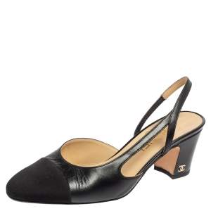 Chanel Black Leather And Canvas CC Cap Toe Slingback Sandals Size 37