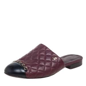 مملوكة مسبقًا Chanel Burgundy/Black Quilted Leather Cap Toe Mule Sandals Size 38.5 