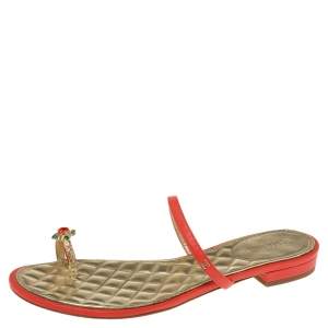 Chanel Red Leather Enamel Embellished Toe Ring Flat Sandals Size 39