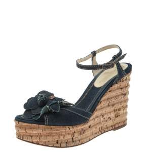 Chanel Blue Denim Camellia Cork Wedge Platform Ankle Strap Sandals Size 40