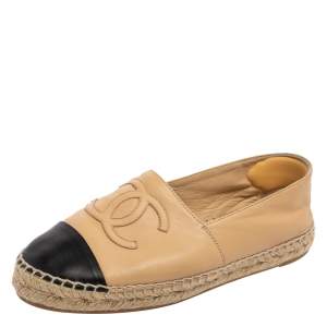 Pre Owned Chanel Beige/Black Leather CC Cap Toe Espadrilles Size 37