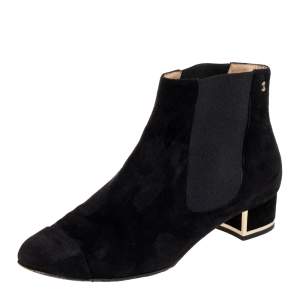 Chanel Black Suede And Elastic Fabric Ankle Boots Size 38.5