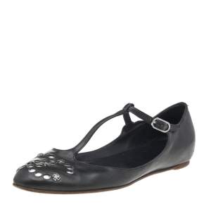 Chanel Black Leather T-Strap Ballet Flat Sandals Size 36.5